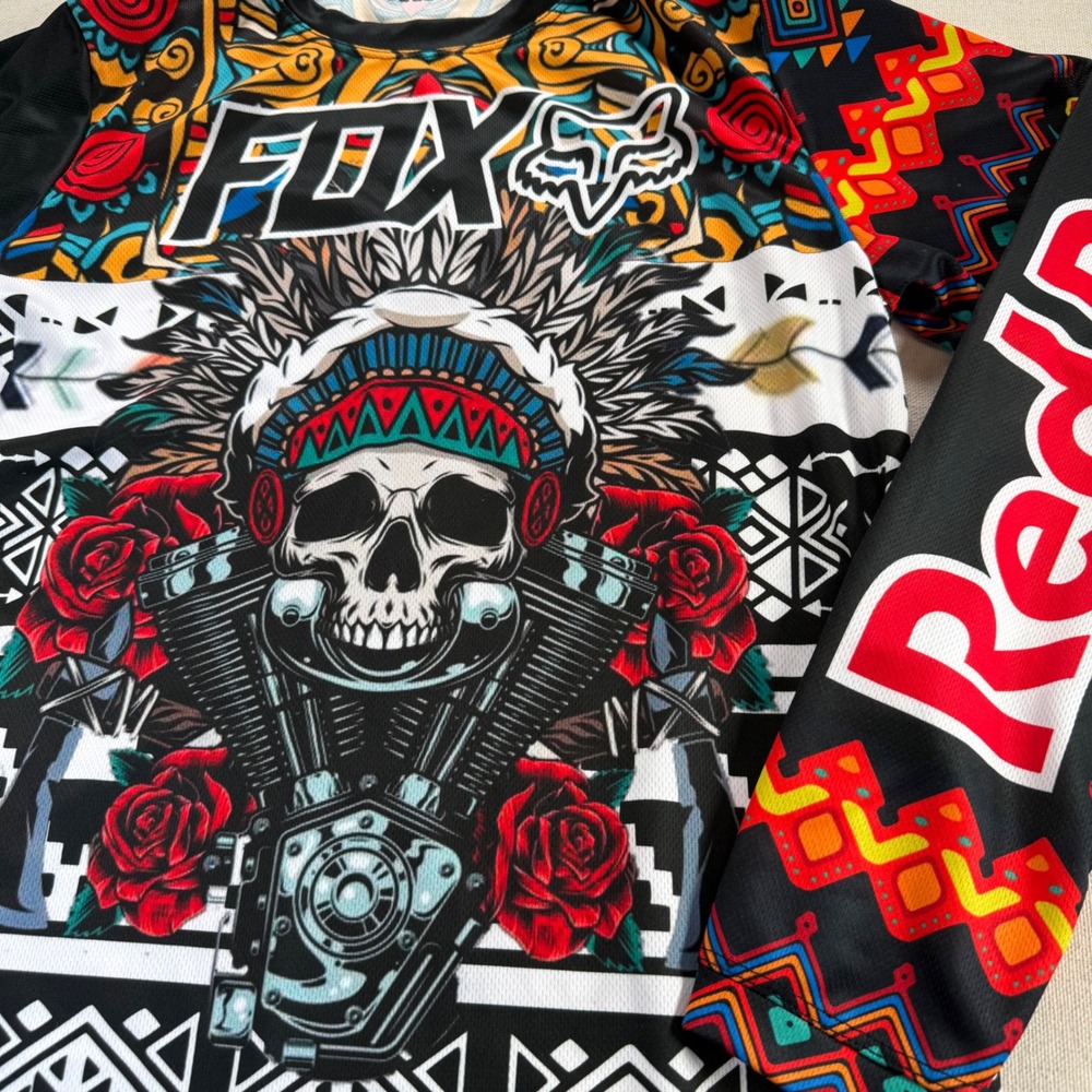 Fox Racing Red Bull Motocross Jersey Skull Headdress Graphic Long Sleeve Small - Picture 2 of 8